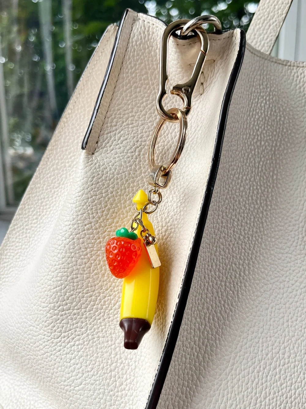🍌🍓Strawberry-Banana Gold-Tone Metal Bag Charm & Keychain
